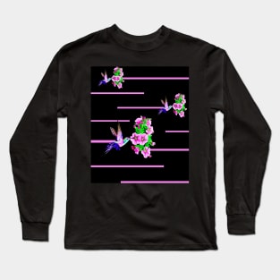 Hummingbirds and pink flowers on black Long Sleeve T-Shirt